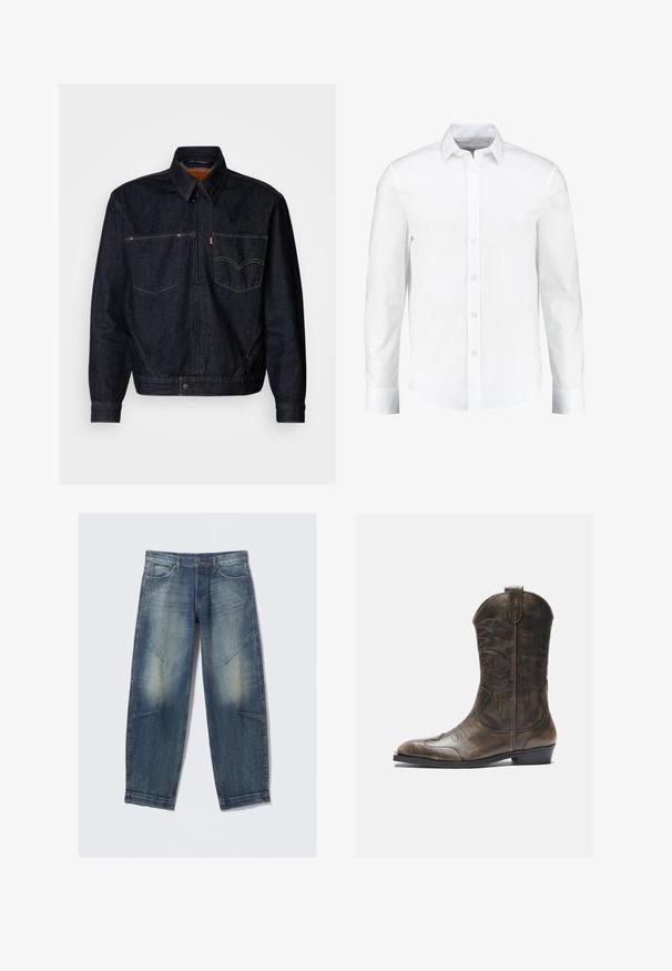 Dark denim jacket with a front zipper, two chest pockets, and a collar. Features contrasting stitching and a branded label on the left pocket.; White long-sleeve button-up shirt made from smooth cotton. Features a classic collar and button-front closure with a straight hem.; Blue faded denim jeans with front pockets, belt loops, and decorative seams on the thighs and knees, laid flat on a white background.; Brown leather cowboy boot with a tall shaft, pointed toe, intricate stitching patterns, and a small heel. Textured finish throughout.