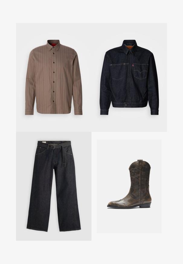 Tamsiai mėlynas džinsinis švarkas su priekiniu užtrauktuku, dviem krūtinės kišenėmis ir apykakle. Taip pat turi kontrastingą siuvinėjimą ir prekės ženklą kairėje kišenėje.; Rudas mygtukų marškinis su vertikaliomis tamsiai raudonomis juostelėmis, medvilnės mišinys, smailus apykaklė, ilgos rankovės ir juodi mygtukai.; Tamsaus džinsinio audinio plačių kojų kelnės su dirželiu juosmens srityje, turinčios priekinės kišenes ir kontrastingą siuvinėjimą. Sklandus paviršius su tvarkingu dizainu.; Rudos odinės kaubojų botai su aukšta ašimi, smailiu pirštu, sudėtingomis siuvimo raštais ir mažu kulnu. Tekstūruotas paviršius visame ilgyje.