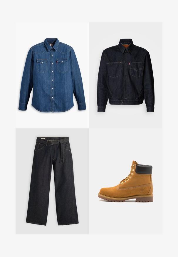 Tamsiai mėlynas džinsinis švarkas su priekiniu užtrauktuku, dviem krūtinės kišenėmis ir apykakle. Taip pat turi kontrastingą siuvinėjimą ir prekės ženklą kairėje kišenėje.; Tamsiai mėlynas džinsinis marškinis su ilgomis rankovėmis, smailiu apykakle ir snapelių mygtukais. Yra dvi krūtinės kišenės su atvartais ir kontrastinga siuvimo linija.; Tamsaus džinsinio audinio plačių kojų kelnės su dirželiu juosmens srityje, turinčios priekinės kišenes ir kontrastingą siuvinėjimą. Sklandus paviršius su tvarkingu dizainu.; Tan spalvą turintys suknelės batus iki kulkšnies su juodu paminkštintu apvadu, auksiniais metaliniais akių užsegimais, baltais siūlų dekoratyviniais elementais ir tvirtu guminiu padu su ryškiai išreikštais raštais.