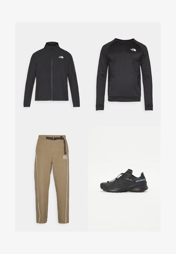 Juodas švarkas su aukšta apykakle, priekiniais užtrauktukais ir tekstūruotu audiniu. Yra logotipas viršuje kairėje ir šoninis kišenė ant rankovės.; Juoda ilgomis rankovėmis sportinė palaidinė su apvaliu kaklu, pagaminta iš lygaus audinio. Šoninės tinklinės dalys užtikrina oro pralaidumą. Krepšyje yra baltas logotipas.; Chaki kelnės su laisvu siluetu, su juodu reguliuojamu diržu, baltais šonais ir logotipu priekyje. Audinys atrodo lengvas ir tekstūruotas.; Juodas taktinės bėgimo batelis su tekstūruotu viršumi, elastinėmis raištelėmis ir Contagrip padu. Turi tvirtą prigludimą ir apsauginį kojų dangtelį.