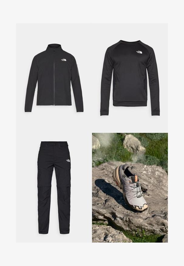 Musta jakk, millel on kõrge krae, eesneediga ja tekstuuriga kangas. Omab logo vasakul ülal ja küljetaskut varrukal.; Must mustläpiga sviiter, millel on ümmargune kaelus ja mis on valmistatud siledast kangast. Külgedel on võrkpaneelid hingavuse tagamiseks. Rindkere peal on valge logo.; Mustad mustad välispüksid, millel on lukuga taskud ja tugevdatud põlved. Valmistatud kergetest ja hingavatest materjalidest, esitletakse marki logo puusal.; Helehallid hallid jooksujalatsid beežide aktsentidega, tekstureeritud pealis, mustad paelad ja väljendunud tugi talla all. Omab brändi logo.