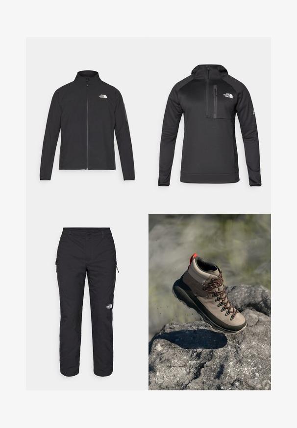 Musta jakk, millel on kõrge krae, eesneediga ja tekstuuriga kangas. Omab logo vasakul ülal ja küljetaskut varrukal.; The North Face MOUNTAIN ATHLETICS HOODED 1/4  - Kapuutsiga pusa - black; The North Face WINTER EXPLORATION TAPERED CARGO  - Õuepüksid - black; Hiking saapad taupe nubukist ja tumedast kummist tallaga, punaste aktsentidega, metallist silmadega ja oranžide paeltega, tõstetud kivisesse pinnasesse.