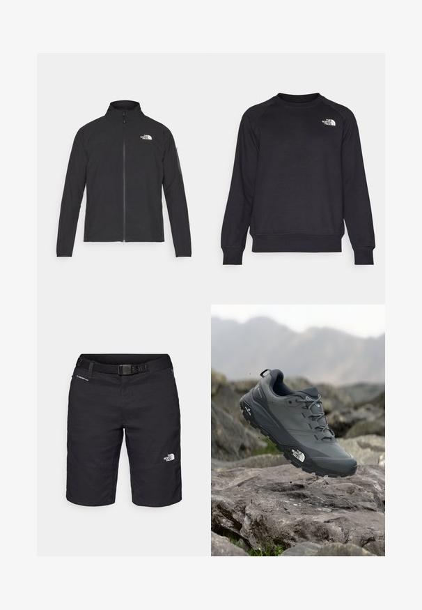 Sort jakke med høj krave, frontlynlås og struktureret stof. Har et logo på øverste venstre side og en sidelomme på ærmet.; Sort sweatshirt med ribbet rund hals, lange raglanærmer og et lille hvidt logo på venstre bryst. Lavet af blødt, holdbart stof.; Sorte vandreshorts fremstillet af letvægtsmateriale, med bælte, syninger og logo på højre ben.; Grå trail løbesko med en tekstureret overdel, slidstærk gummisål og forstærket tåkap. Har snørebånd og mærkelogo på siden.