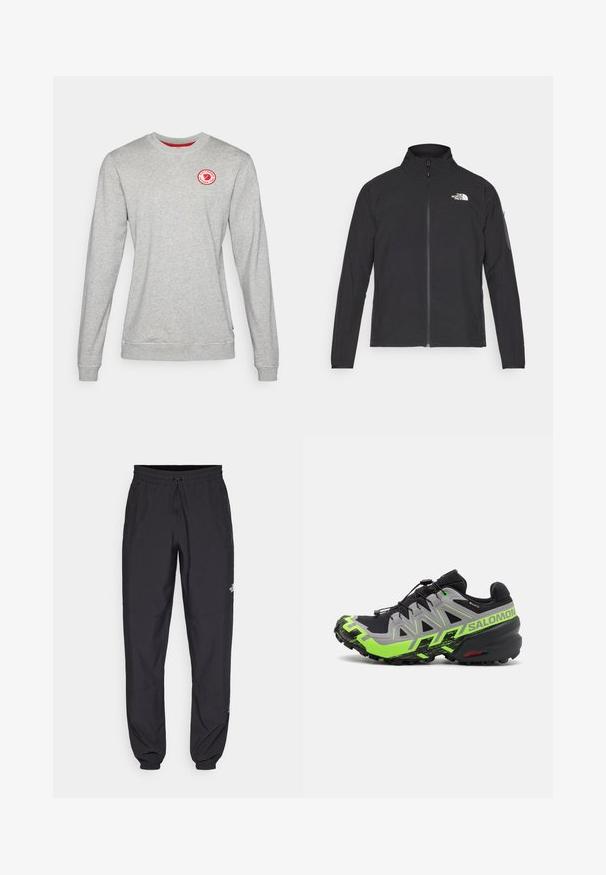 Chaqueta negra con cuello alto, cremallera frontal y tejido texturizado. Presenta un logo en la parte superior izquierda y un bolsillo lateral en la manga.; Sudadera gris de cuello redondo hecha de una mezcla de algodón, con un logo circular rojo en el pecho y puños acanalados en las mangas y el dobladillo.; Pantalones deportivos negros hechos de un tejido ligero, con una cinturilla ajustable, bolsillos laterales y puños ajustados en los tobillos.; Zapatilla de trail running negra y gris con detalles en verde brillante, que presenta una suela texturizada, un sistema de cordones avanzado y un diseño robusto.