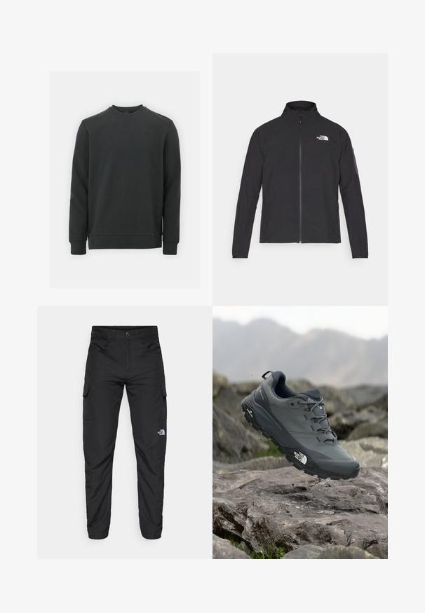 Melna jaka ar augstu apkakli, priekšpuses rāvējslēdzēju un teksturētu audumu. Ievērojams logo augšējā kreisajā pusē un sānu kabata uz piedurknes.; Melnā džemperis, kas izgatavots no kokvilnas maisījuma, ar apaļu kakla izgriezumu, garām piedurknēm un smalku logo uz krūtīm. Gluda tekstūra.; The North Face HORIZON PANT - Āra bikses - black; Pelēki skrējēju apavi ar teksturētu virsu, izturīgu gumijas zoli un pastiprinātu pirkstu daļu. Iekļauj šņores un zīmola logo sānos.