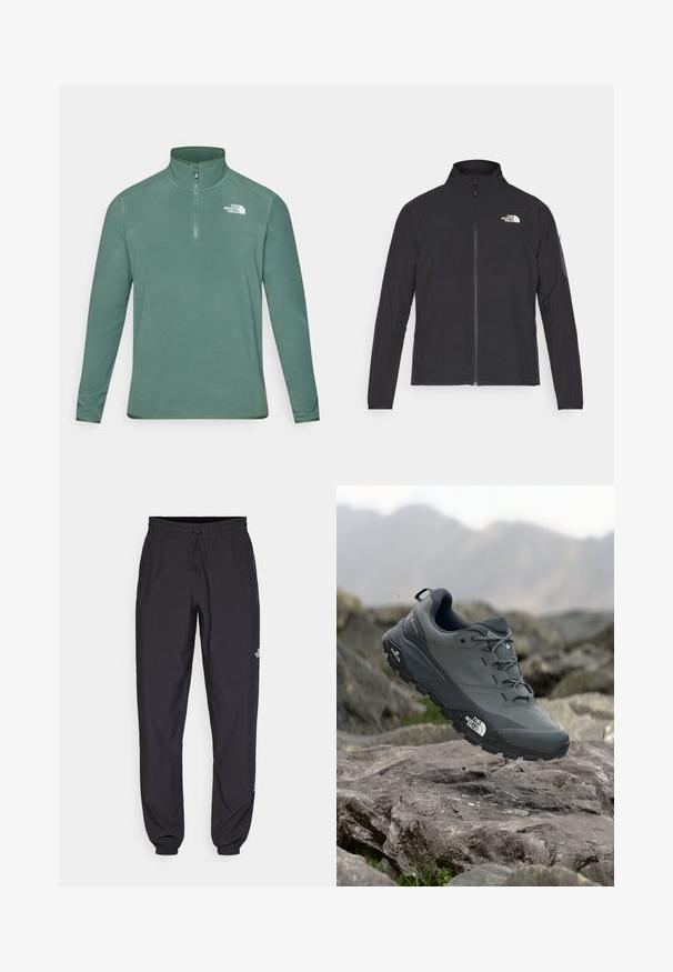 Fekete dzseki magas gallérral, elől cipzárral és texturált anyagból. Az elején bal oldalon logó található, és az ujjon egy oldalsó zseb helyezkedik el.; Zöld bolyhos pulóver magas nyakkal és fél cipzárral. Hosszú ujjakkal rendelkezik, és a bal felső mellrészen egy fehér logó található. Sima tapintású.; Fekete sportnadrág, könnyű anyagból készült, húzózsinóros derékkal, oldalsó zsebekkel és szűkített szárakkal a bokáknál.; Szürke terepfutó cipő, texturált felsőrésszel, tartós gumitalppal és megerősített orr résszel. Fekete fűzők és márka logó a cipő oldalán.