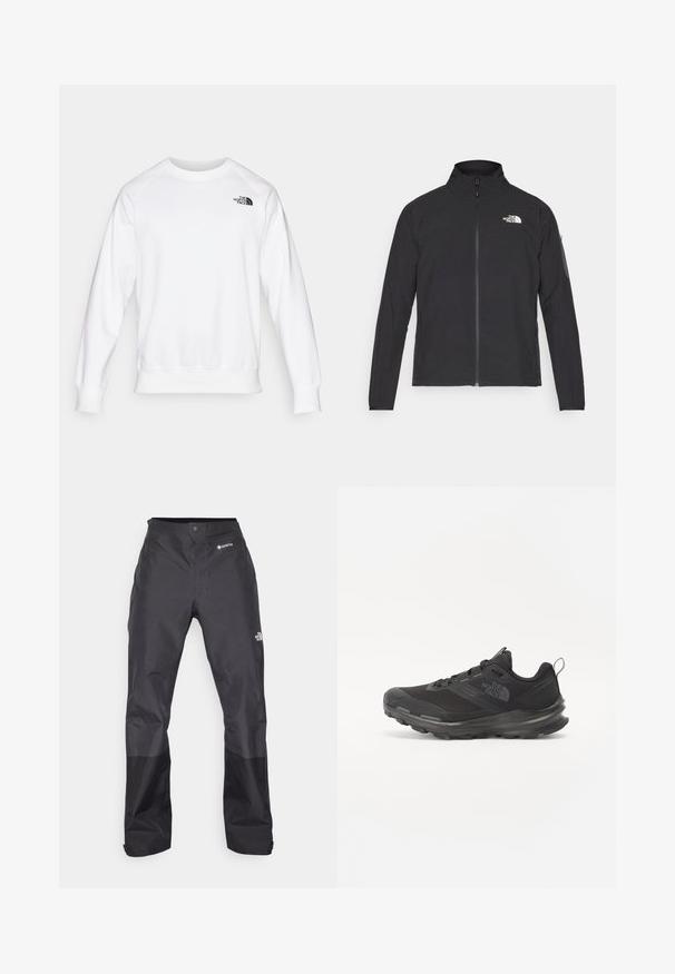 Giacca nera con colletto alto, zip frontale e tessuto strutturato. Presenta un logo sulla parte superiore sinistra e una tasca laterale sulla manica.; Felpa bianca con collo a giro, maniche lunghe raglan, polsini e orlo a costine, con un piccolo logo nero sulla parte superiore sinistra del petto.; Pantaloni impermeabili neri con una texture liscia, dotati di un logo GORE-TEX sulla parte anteriore e rinforzi sulle gambe inferiori per una maggiore durata.; Scarpa sportiva nera con tomaia in rete, suola in gomma e collarino imbottito. Presenta lacci, un logo sul lato e un design testurizzato.