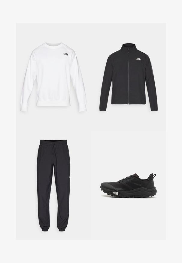 Musta jakk, millel on kõrge krae, eesneediga ja tekstuuriga kangas. Omab logo vasakul ülal ja küljetaskut varrukal.; Valge kapuutsiga särk, millel on ümmargune kaelus, pikad raglanvarrukad, soonikkoes valmistatud mansetid ja põhi, ning väikene must logo vasakul rinnal.; Mustavad sportlikud püksid, mis on valmistatud kergest kangast, joonlauaga taljest, küljetaskudega ja kitsenevate varrukatega pahkluude juures.; Must tume jooksujalats musta värvi, tekstuurse ülemise osaga, kummist tallaga ja tugevdatud varbaga. Omab pehmendusega krae ja tõmblinti mugavaks selga panemiseks.