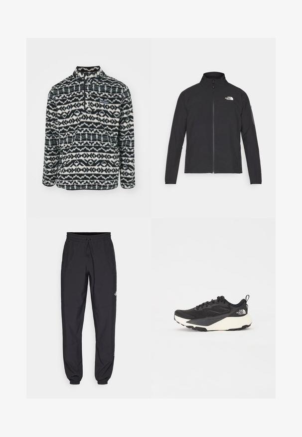 Jachetă neagră cu guler înalt, fermoar frontal și țesătură texturată. Dispune de un logo în partea stângă sus și o buzunar pe manșetă.; Columbia RUGGED RIDGE - Pulover din fleece - dark stone; Pantaloni atletici negri, confecționați dintr-un material ușor, cu un tiv elastic la talie, buzunare laterale și tivuri ajustate la gleznă.; Shoe sportiv negru cu superior din plasă texturată, accente negre solide și talpă ușoară albă. Dispune de închidere cu șireturi și mâner de prindere.