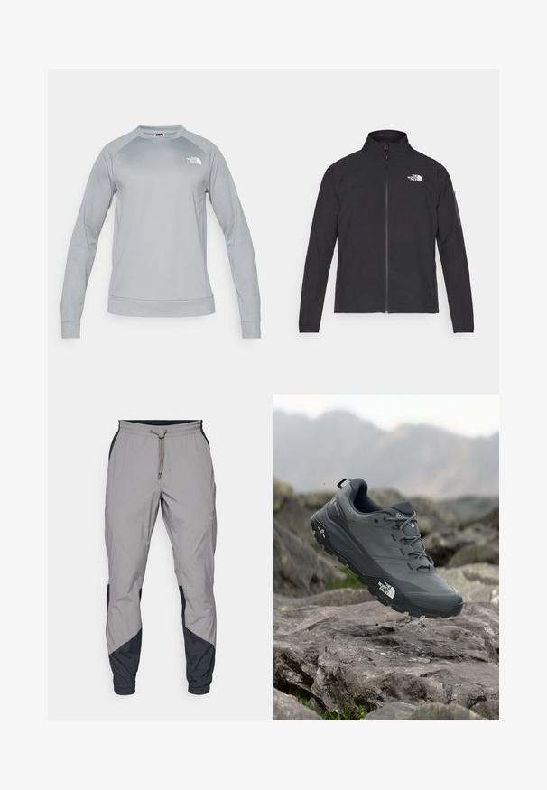 Juodas švarkas su aukšta apykakle, priekiniais užtrauktukais ir tekstūruotu audiniu. Yra logotipas viršuje kairėje ir šoninis kišenė ant rankovės.; Šviesiai pilka džemperis su ilgomis rankovėmis ir apvaliu iškirpimu. Turėtų nertą apatinį kraštą ir rankovių kraštus. Ant krūtinės yra "The North Face" logotipas.; Lengvas, pilkos sportinės kelnės su juodais akcentais. Elastingas juosmuo, raišteliu užsegimas, siaurėjantis kojų dizainas ir šoninės kišenės.; Pilkas bėgimo batelis su tekstūruota viršutine dalimi, tvirtu guminio pado ir sustiprinta nosimi. Turi raištelius ir prekės ženklo logotipą šone.