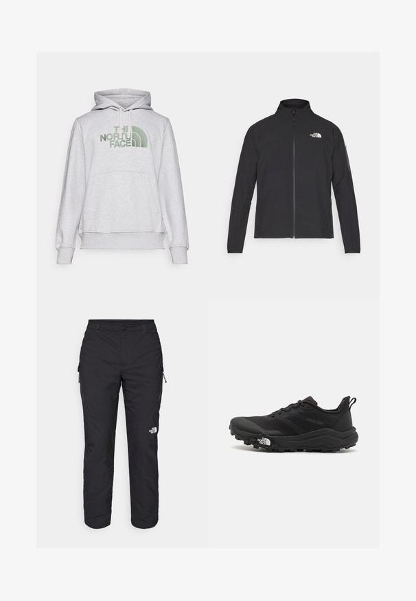 Μαύρο σακάκι με ψηλό γιακά, μπροστινό φερμουάρ και υφασμάτινη υφή. Διαθέτει λογότυπο στο πάνω αριστερό μέρος και πλαϊνή τσέπη στο μανίκι.; Γκρι hoodie φτιαγμένο από ύφασμα sweatshirt, διαθέτει μπροστινή τσέπη καγκουρό, κουκούλα με κορδόνι και πράσινο κεντημένο λογότυπο στο στήθος.; The North Face WINTER EXPLORATION TAPERED CARGO - Παντελόνι εξωτερικού χώρου - black; Μαύρο αθλητικό παπούτσι τρεξίματος με υφασμάτινο άνω μέρος, καουτσούκ σόλα και ενισχυμένη μύτη. Διαθέτει επενδεδυμένο κολάρο και θηλιά στα πίσω για εύκολη φορεσιά.