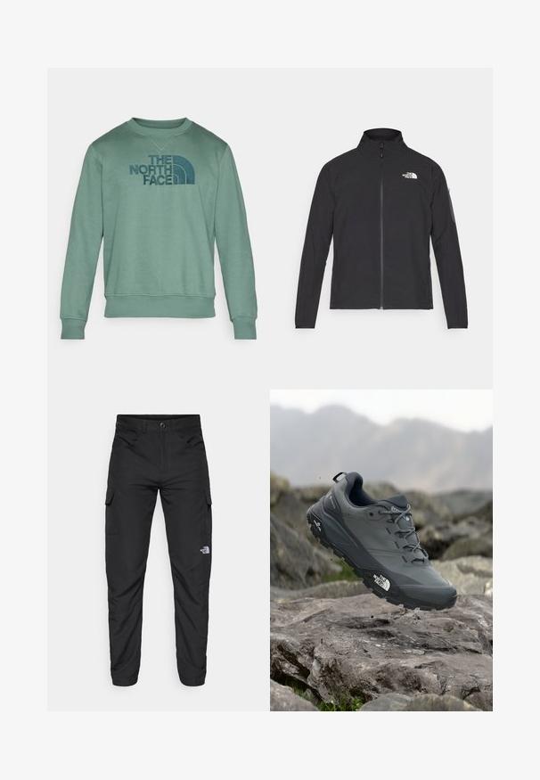 Chaqueta negra con cuello alto, cremallera frontal y tejido texturizado. Presenta un logo en la parte superior izquierda y un bolsillo lateral en la manga.; Sudadera verde claro con cuello redondo, puños y dobladillo acanalados. Presenta el logo "THE NORTH FACE" en verde oscuro en la parte delantera. Textura de tela suave.; The North Face HORIZON PANT - Pantalones montañeros largos - black; Zapatilla de trail running gris con parte superior texturizada, suela de goma duradera y puntera reforzada. Cuenta con cordones y logo de la marca en el lateral.