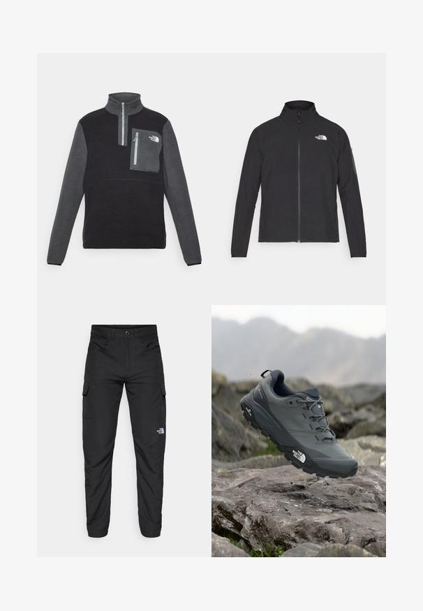 Chaqueta negra con cuello alto, cremallera frontal y tejido texturizado. Presenta un logo en la parte superior izquierda y un bolsillo lateral en la manga.; Sudadera de forro polar en negro y gris, diseño de cremallera de un cuarto, cuello alto, bolsillo en el pecho con cremallera, textura suave y logotipo en el bolsillo.; The North Face HORIZON PANT - Pantalones montañeros largos - black; Zapatilla de trail running gris con parte superior texturizada, suela de goma duradera y puntera reforzada. Cuenta con cordones y logo de la marca en el lateral.