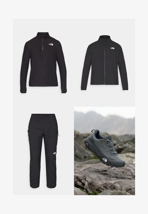 Črna jakna z visokim ovratnikom, sprednjim zadrgo in teksturirano tkanino. Ima logo na zgornji levi strani in stranski žep na rokavu.; Črn pulover z četrt zadrgo iz flisa, ki ima visok ovratnik, dolge rokave in belo logo na levem prsnem delu. Gladka tekstura.; The North Face WINTER EXPLORATION TAPERED CARGO - Hlače za na prostem - black; Sive teka za trail tek, z teksturirano zgornjimi deli, trpežnim gumijastim podplatom in ojačanim kapico za prste. Ima vezi in logotip blagovne znamke na strani.