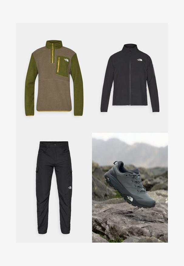 Musta takki, jossa on korkea kaulus, vetoketju edessä ja teksturoitu kangas. Sisältää logon vasemmassa yläkulmassa ja sivutaskun hihassa.; Fleece-pullove miten oliivinvihreä ja ruskea, jossa on puolivetoketju, rintatasku keltaisella vetoketjulla ja logo vasemmassa yläkulmassa.; The North Face HORIZON PANT - Ulkohousut - black; Harmaa polkujuoksukenkä, jossa on teksturoitu päällinen, kestävä kumipohja ja vahvistettu varvastoppa. Varustettu nauhoilla ja brändin logolla sivussa.