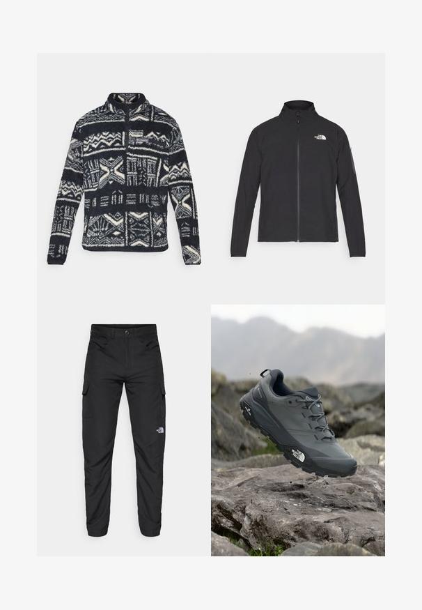 Čierna bunda s vysokým golierom, predným zipsom a textúrovanou tkaninou. Na prednej strane má logo na ľavej hornej strane a bočnú vrecko na rukáve.; Pánsky čierno-biely fleecový pulóver s geometrickými vzormi, s predným zipsom na štvrtinu, zipsovou náprsní kapsou a logom Columbia na hrudi.; The North Face HORIZON PANT - Outdoorové nohavice - black; Šedá trailová bežecká obuv s textúrovaným zvrškom, odolnou gumovou podrážkou a vystuženou špičkou. Obsahuje šnúrky a logo značky na boku.