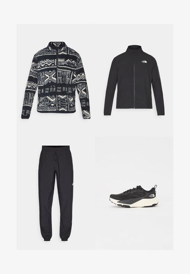 Black jacket with a high collar, front zipper, and textured fabric. Features a logo on the upper left and a side pocket on the sleeve.; Men's black and white fleece pullover with geometric patterns, quarter-zip front, zippered chest pocket, and Columbia logo on chest.; Black athletic pants made from lightweight fabric, featuring a drawstring waistband, side pockets, and tapered cuffs at the ankles.; Black athletic shoe with textured mesh upper, solid black accents, and white lightweight outsole. Features lace-up closure and pull tab.