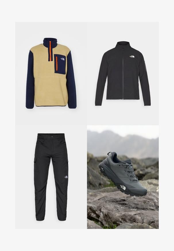 Sort jakke med høj krave, frontlynlås og struktureret stof. Har et logo på øverste venstre side og en sidelomme på ærmet.; The North Face M YUMIORI 1/4 ZIP - Fleecetrøjer - khaki stone/summit navy; The North Face HORIZON PANT - Outdoorbukser - black; Grå trail løbesko med en tekstureret overdel, slidstærk gummisål og forstærket tåkap. Har snørebånd og mærkelogo på siden.