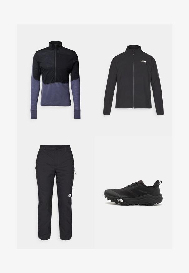 Musta takki, jossa on korkea kaulus, vetoketju edessä ja teksturoitu kangas. Sisältää logon vasemmassa yläkulmassa ja sivutaskun hihassa.; Pitkähihaista neulepuseroa mustassa ja tummanvioletissa, jossa on vetoketjukaulus, teksturoitu yläosa ja sileät alaosan hihat.; The North Face WINTER EXPLORATION TAPERED CARGO - Ulkohousut - black; Musta maastojuoksukengät, joissa on teksturoitu päällinen, kumipohja ja vahvistettu varvastoppia. Varusteena pehmustettu nilkkakappale ja vetotappi helppoa pukemista varten.