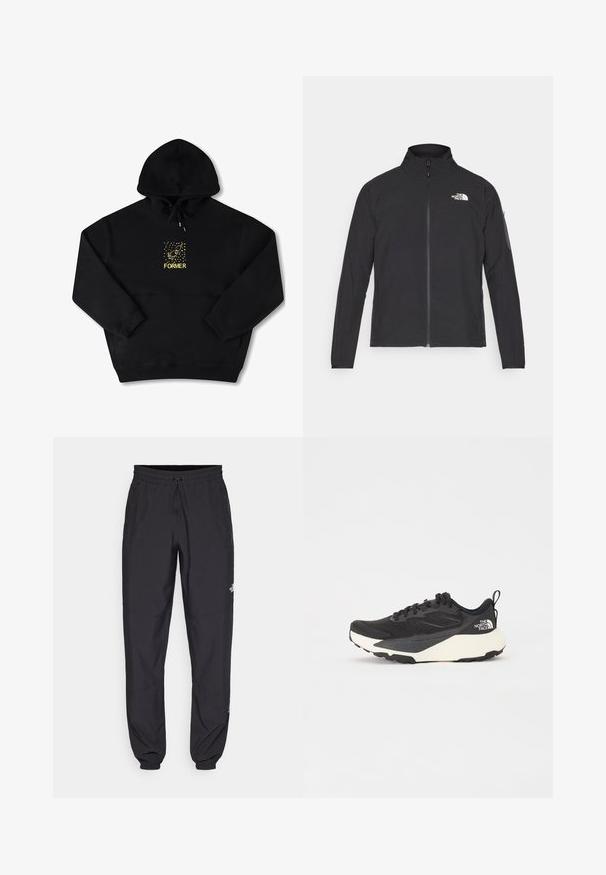 Giacca nera con colletto alto, zip frontale e tessuto strutturato. Presenta un logo sulla parte superiore sinistra e una tasca laterale sulla manica.; Felpa nera con tasca frontale, caratterizzata da una grafica gialla di un uccello e la parola "FORMER" in grassetto. Materiale morbido con cappuccio regolabile.; Pantaloni sportivi neri realizzati in tessuto leggero, con vita regolabile con cordino, tasche laterali e orli affusolati alle caviglie.; Scarpa da allenamento nera con tomaia in mesh testurizzato, dettagli neri solidi e suola leggera bianca. Presenta chiusura con lacci e un tab di pull.