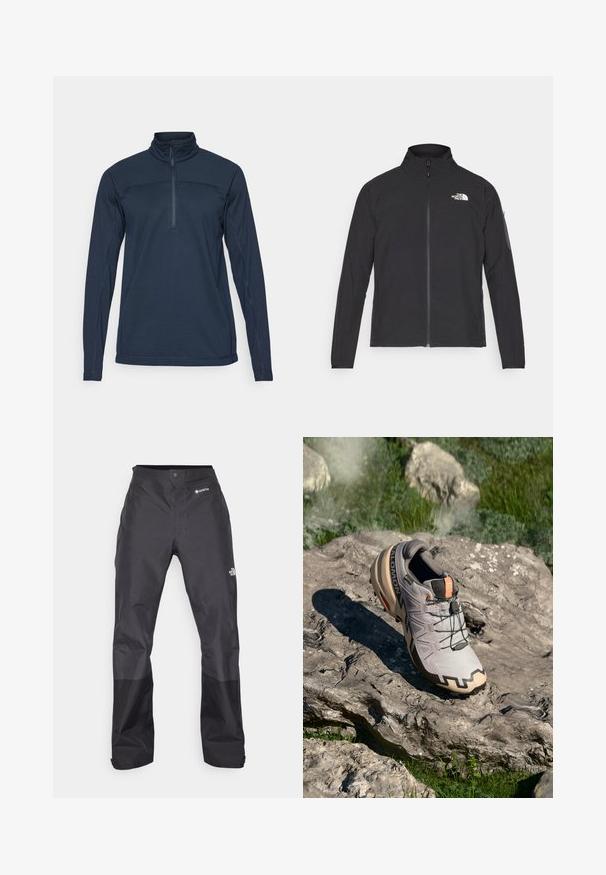 Jachetă neagră cu guler înalt, fermoar frontal și țesătură texturată. Dispune de un logo în partea stângă sus și o buzunar pe manșetă.; Pulover lung bleu marin cu guler înalt și fermoar pe jumătate în față. Prezintă un material texturat și detalii de cusătură în contrast.; Pantaloni negri impermeabili cu o textură netedă, având un logo GORE-TEX pe față și picioare inferioare întărite pentru durabilitate.; Pantofii de alergare pe traseu de culoare gri deschis, cu accente bej, parte superioară texturată, șireturi negre și model pronunțat pe talpă. Prezintă logo-ul brandului.