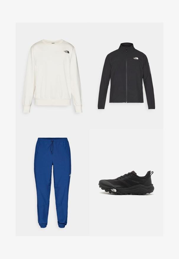 Svart jakke med høy krage, frontglidelås og teksturert stoff. Har et logo på øvre venstre side og en sidelomme på ermet.; Hvit genser laget av mykt stoff, med rund hals, lange ermer, ribbede mansjetter og en svart logo på venstre bryst.; Blå lette joggebukser med elastisk midje, snor og elastiske mansjetter. Har sidelommer og en logo nær nederste del av benet.; Svart terrengløpesko med teksturert overdel, gummisåle og forsterket tåhette. Har polstret krage og løftestropp for enkel påkledning.