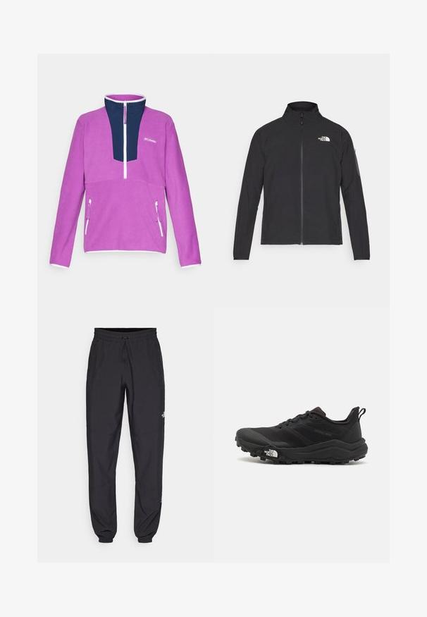 Casaco preto com um colarinho alto, fecho na frente e tecido texturizado. Apresenta um logótipo no canto superior esquerdo e um bolso lateral na manga.; Pullover de fleece roxo com um colarinho azul marinho com abertura de um quarto, detalhe de fecho de correr branco e um bolso frontal com fecho de correr.; Calças atléticas pretas feitas de tecido leve, com um cós ajustável por cordão, bolsos laterais e punhos afunilados nos tornozelos.; Sapatilha de trail running preta com um upper texturizado, sola de borracha e biqueira reforçada. Possui um colarinho acolchoado e uma alça para facilitar o calçar.