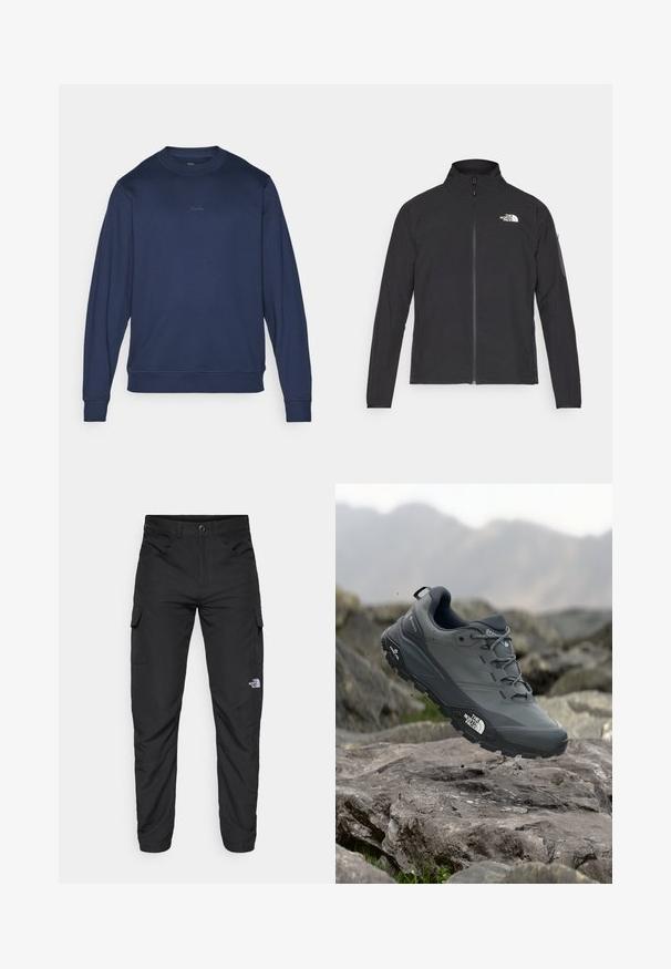 Čierna bunda s vysokým golierom, predným zipsom a textúrovanou tkaninou. Na prednej strane má logo na ľavej hornej strane a bočnú vrecko na rukáve.; Námornícky modrá mikina z bavlnenej zmesi, s okrúhlym výstrihom, dlhými rukávmi a nenápadným logom na hrudi, s rebrovanými manžetami a lemom.; The North Face HORIZON PANT - Outdoorové nohavice - black; Šedá trailová bežecká obuv s textúrovaným zvrškom, odolnou gumovou podrážkou a vystuženou špičkou. Obsahuje šnúrky a logo značky na boku.