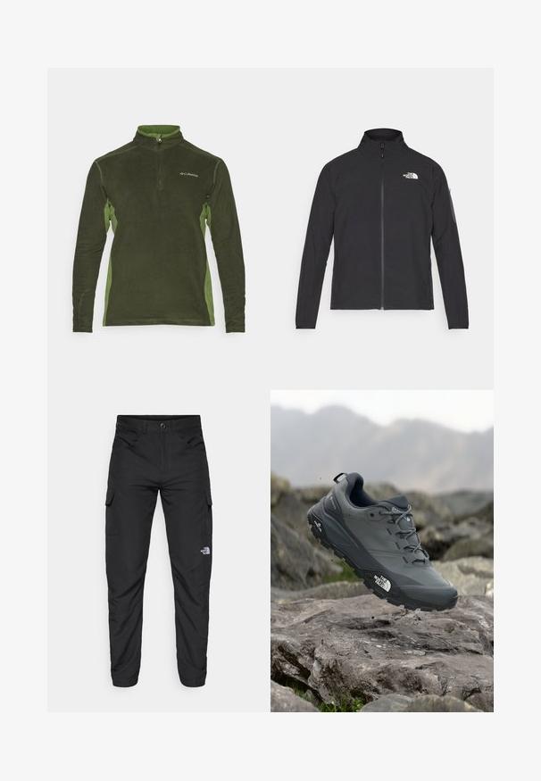 Schwarze Jacke mit hohem Kragen, vorderem Reißverschluss und TEXTURIERTEM Stoff. Verfügt über ein Logo auf der oberen linken Seite und eine Seitentasche am Ärmel.; Grüner Fleece-Pullover mit Reißverschlusskragen, der dunklere grüne Seitenpaneele und ein Logo auf der Brust aufweist. Weiche Textur und lange Ärmel.; The North Face HORIZON PANT - Outdoor-Hose - black; Grau Trailrunning-Schuh mit einer strukturierten Oberseite, haltbarer Gummisohle und verstärkter Zehenkappe. Verfügt über Schnürsenkel und ein Markenlogo an der Seite.