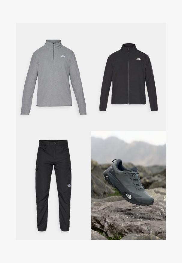 Crna jakna s visokim ovratnikom, prednjim zatvaračem i teksturiranim materijalom. Ima logo na gornjem lijevom dijelu i bočnu žepnju na rukavu.; The North Face M GLACIER FLEECE 1/4 ZIP JACKET - Vesta od flisa - grey heather; The North Face HORIZON PANT - Hlače za otvoreno - black; Sive trail trkačka cipela s teksturiranim gornjim dijelom, izdržljivom gumenom potplatom i ojačanim vrhom. Ima vezice i logotip branda sa strane.