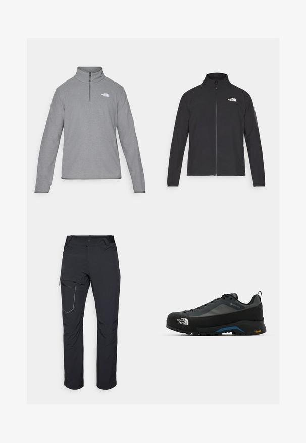 Giacca nera con colletto alto, zip frontale e tessuto strutturato. Presenta un logo sulla parte superiore sinistra e una tasca laterale sulla manica.; The North Face M GLACIER FLEECE 1/4 ZIP JACKET - Felpa in pile - grey heather; Pantaloni neri da esterno con tasca a zip sulla coscia, cintura elastica e tessuto liscio, resistente all'acqua. Design pulito senza loghi visibili.; The North Face VERTO ALPINE GORE TEX - Scarpa da hiking - asphalt grey/tnf black