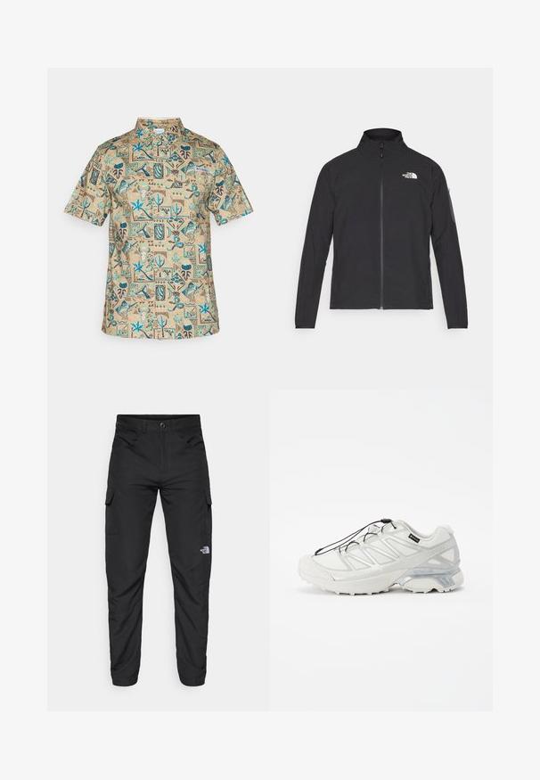 Crna jakna s visokim ovratnikom, prednjim zatvaračem i teksturiranim materijalom. Ima logo na gornjem lijevom dijelu i bočnu žepnju na rukavu.; Kratka majica s kratkim rukavima u bež boji s šarenim geometrijskim i prirodnim uzorkom. Ima klasičan ovratnik i izvezeni logo.; The North Face HORIZON PANT - Hlače za otvoreno - black; Bijela atletska cipela s teksturiranim mrežastim gornjim dijelom, reflektirajućim detaljima i udobnim potplatom. Ima elastične vezice i sivo istaknute dijelove.