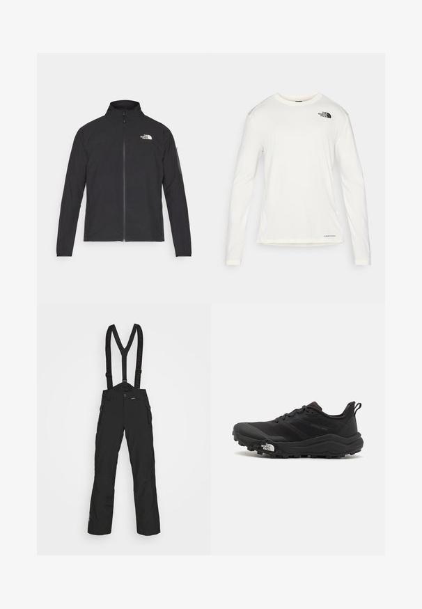 Musta jakk, millel on kõrge krae, eesneediga ja tekstuuriga kangas. Omab logo vasakul ülal ja küljetaskut varrukal.; Valge pika varrukaga särk ümmarguse kaelusega, tekstuuriga kangas, must logo vasakul õlal ja peen bränding alt. ; Mustad must performance lumepüksid reguleeritavate rihmadega, eespoolt tõmblukuga taskud ja sile, vastupidav tekstuur.; Must tume jooksujalats musta värvi, tekstuurse ülemise osaga, kummist tallaga ja tugevdatud varbaga. Omab pehmendusega krae ja tõmblinti mugavaks selga panemiseks.