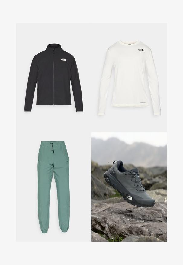 Svart jakke med høy krage, frontglidelås og teksturert stoff. Har et logo på øvre venstre side og en sidelomme på ermet.; Hvit langermet skjorte med rund hals, teksturert stoff, svart logo på venstre skulder, og subtil merkevareplassering nederst.; Lys grønn trening bukser med elastisk midjebånd og snøring, med avsmalnede mansjetter og sidelommer. Glatt stoffoverflate.; Grå terrengløpesko med en teksturert overdel, slitesterk gummisåle og forsterket tåhette. Inkluderer snørebånd og merkevarelogo på siden.