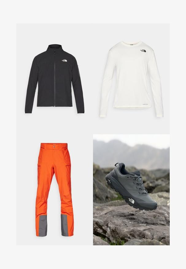 Melna jaka ar augstu apkakli, priekšpuses rāvējslēdzēju un teksturētu audumu. Ievērojams logo augšējā kreisajā pusē un sānu kabata uz piedurknes.; Balta garām piedurknēm krekls ar apaļu kaklu, teksturēta auduma, melns logo kreisajā plecā un smalka zīmola identifikācija apakšā.; Spilgtas oranžas ūdensnecaurlaidīgas bikses ar pelēkiem akcentiem pie kājām, piedāvājot plakanu jostasvietu un vairākas sānu kabatas. Gluda tekstūra.; Pelēki skrējēju apavi ar teksturētu virsu, izturīgu gumijas zoli un pastiprinātu pirkstu daļu. Iekļauj šņores un zīmola logo sānos.