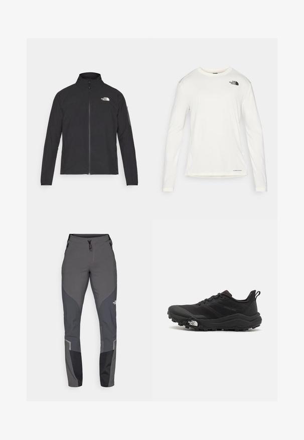 Crna jakna s visokim ovratnikom, prednjim zatvaračem i teksturiranim materijalom. Ima logo na gornjem lijevom dijelu i bočnu žepnju na rukavu.; Bijela majica dugih rukava s okruglim izrezom, teksturirana tkanina, crni logo na lijevom ramenu i suptilno brendiranje pri dnu.; Sive hlače za planinarenje koje imaju sužen dizajn, više džepova i kontrastne tamnosive i crne akcentne detalje. Izrađene su od fleksibilnog, izdržljivog materijala.; Crne trail trkačke cipele s teksturiranim gornjim dijelom, gumeni potplat i ojačana zaštita za prste. Imaju podstavljen ovratnik i trakicu za lakše obuvanje.
