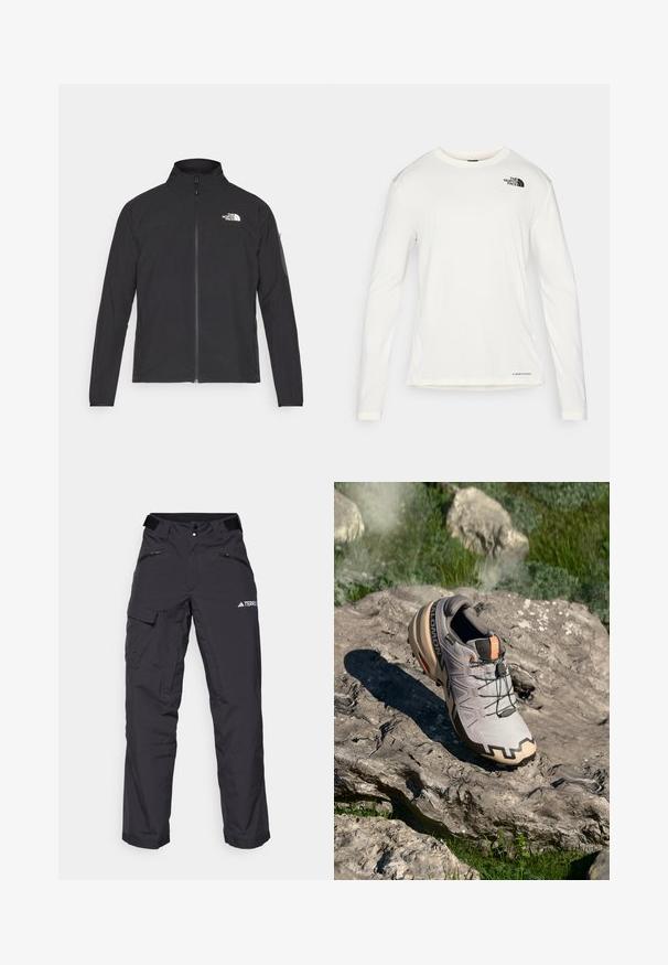 Črna jakna z visokim ovratnikom, sprednjim zadrgo in teksturirano tkanino. Ima logo na zgornji levi strani in stranski žep na rokavu.; Bela srajca z dolgimi rokavi in okroglim ovratnikom, strukturirana tkanina, črn logo na levem ramenu in diskretno znamčenje na dnu.; Črne zunanje hlače s ravnim krojem, izdelane iz trpežnega materiala. Imajo zadrge na žepih, cargo žep in nastavljiv pas.; Svetlo sivi čevlji za trail tek z bež detajli, teksturirano zgornji del, črni vezalke in izrazit profil na podplatu. Vsebujejo logotip znamke.