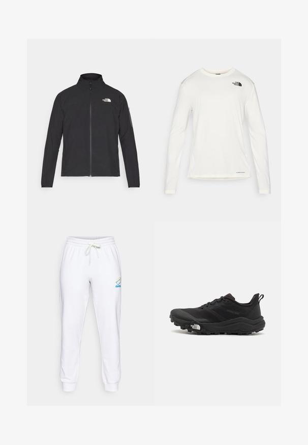 Fekete dzseki magas gallérral, elől cipzárral és texturált anyagból. Az elején bal oldalon logó található, és az ujjon egy oldalsó zseb helyezkedik el.; Fehér, hosszú ujjú póló kerek nyakkal, textúrált anyagból, fekete logóval a bal vállon, és diszkrét márkajelzéssel az alján.; Fehér pamut melegítőnadrág rugalmas derékpánttal, állítható zsinórral, és kék és szivárvány színű logó részlettel a bal combon.; Fekete terepfutó cipő, textúrált felső résszel, gumitalppal és megerősített lábujjrészével. Párnázott bokarésszel és húzófüllel rendelkezik a könnyű felhúzáshoz.