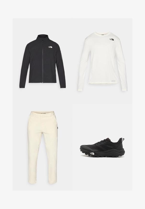 Schwarze Jacke mit hohem Kragen, vorderem Reißverschluss und TEXTURIERTEM Stoff. Verfügt über ein Logo auf der oberen linken Seite und eine Seitentasche am Ärmel.; Weißes Langarmhemd mit Rundhalsausschnitt, strukturierter Stoff, schwarzes Logo auf der linken Schulter und dezente Markenkennzeichnung am unteren Rand.; Beige Hosen aus glattem Stoff, mit geradem Bein, zwei Seitentaschen und einem dezenten Logotag an der Seite.; Schwarzer Trailrunning-Schuh mit strukturiertem Obermaterial, Gummisohle und verstärkter Zehenkappe. Verfügt über einen gepolsterten Kragen und eine Ziehlasche für einfaches Anziehen.