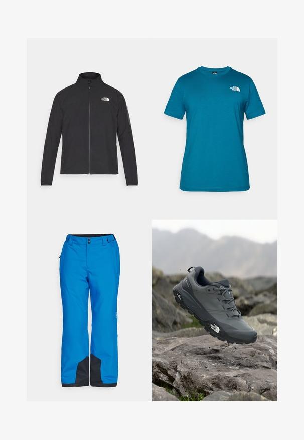 Black jacket with a high collar, front zipper, and textured fabric. Features a logo on the upper left and a side pocket on the sleeve.; Teal short-sleeve t-shirt made of soft cotton, featuring a white logo printed on the left chest and a classic crew neck design.; Blue snow pants with a smooth texture, dual front buttons, and black accents at the cuffs and side pockets for functionality.; Grey trail running shoe with a textured upper, durable rubber sole, and reinforced toe cap. Features laces and brand logo on the side.