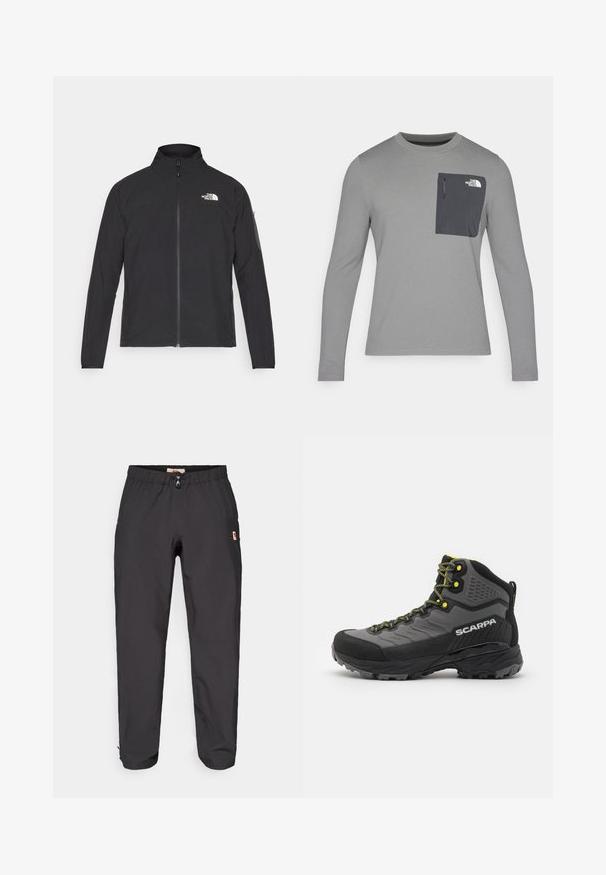 Casaco preto com um colarinho alto, fecho na frente e tecido texturizado. Apresenta um logótipo no canto superior esquerdo e um bolso lateral na manga.; Camisa de manga longa cinza com tecido texturizado, apresentando um bolso no peito cinza escuro e um fecho em zíper. Logótipo no bolso em branco.; Calças de exterior pretas com cintura elástica e pequeno logótipo no lado direito da coxa, apresentadas sobre um fundo branco.; Botas de caminhada em preto e cinza com tecido texturizado, detalhes em amarelo brilhante, biqueira reforçada e sola de borracha com sulcos profundos para tração.