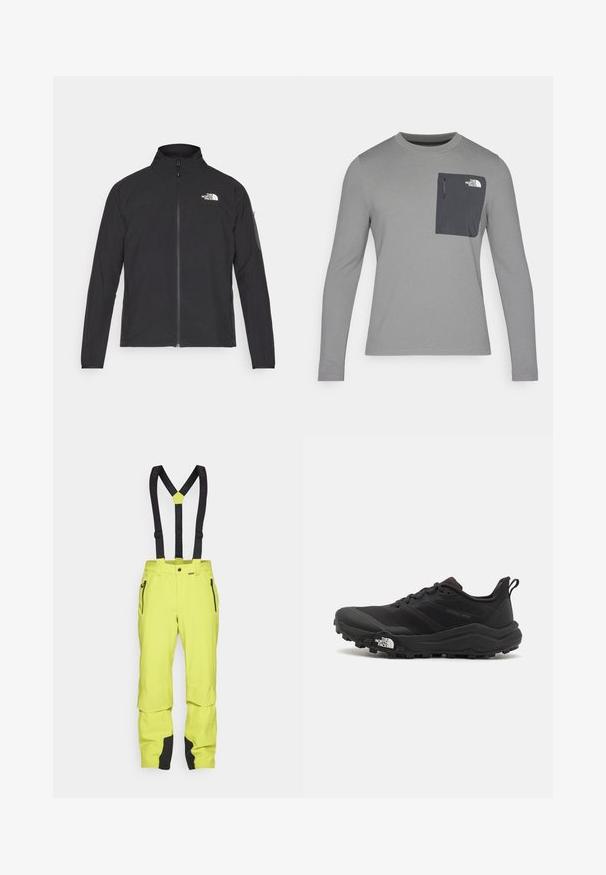 Casaco preto com um colarinho alto, fecho na frente e tecido texturizado. Apresenta um logótipo no canto superior esquerdo e um bolso lateral na manga.; Camisa de manga longa cinza com tecido texturizado, apresentando um bolso no peito cinza escuro e um fecho em zíper. Logótipo no bolso em branco.; Calças de neve amarelas brilhantes com alças de suspensórios pretas, apresentando bolsos laterais com fecho éclair, pernas inferiores reforçadas e um acabamento suave.; Sapatilha de trail running preta com um upper texturizado, sola de borracha e biqueira reforçada. Possui um colarinho acolchoado e uma alça para facilitar o calçar.