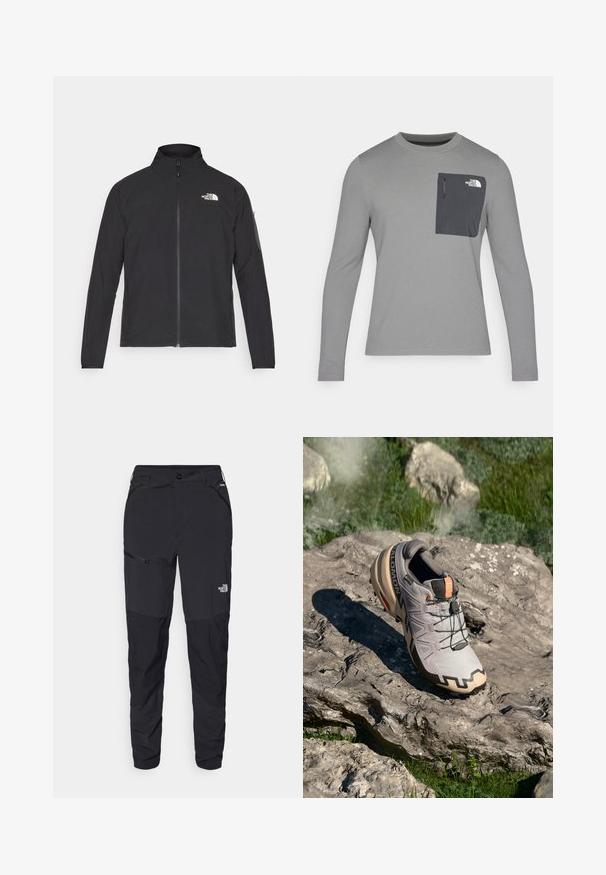 Casaco preto com um colarinho alto, fecho na frente e tecido texturizado. Apresenta um logótipo no canto superior esquerdo e um bolso lateral na manga.; Camisa de manga longa cinza com tecido texturizado, apresentando um bolso no peito cinza escuro e um fecho em zíper. Logótipo no bolso em branco.; Calças exteriores pretas com um corte ajustado, feitas de um tecido resistente. Apresentam bolsos com fecho éclair e uma marcação discreta na perna da frente.; Sapatilha de corrida em trilhos cinza claro com detalhes em bege, parte superior texturizada, atacadores pretos e sola com padrão de aderência pronunciado. Apresenta o logótipo da marca.