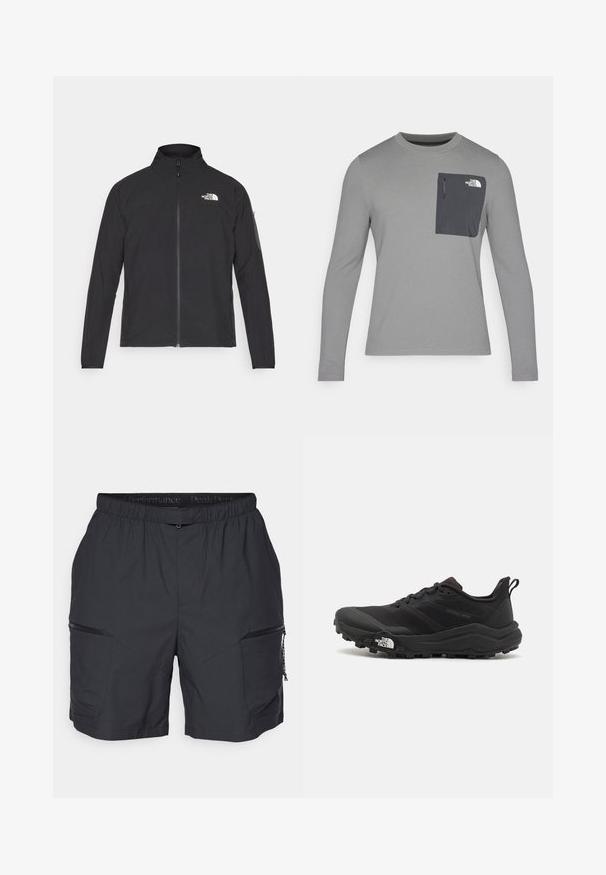 Musta takki, jossa on korkea kaulus, vetoketju edessä ja teksturoitu kangas. Sisältää logon vasemmassa yläkulmassa ja sivutaskun hihassa.; Harmaa pitkähihaisuus paita, jossa on teksturoitu kangas, tummanharmaalla rintataskulla ja vetoketjukiinnityksellä. Taskussa valkoinen logo.; Mustat urheilushortsit, joissa on joustava vyötärö, kaksi vetoketjullista taskua sivuilla ja sileä, kevyt materiaali. Sisältää vinot saumat.; Musta maastojuoksukengät, joissa on teksturoitu päällinen, kumipohja ja vahvistettu varvastoppia. Varusteena pehmustettu nilkkakappale ja vetotappi helppoa pukemista varten.