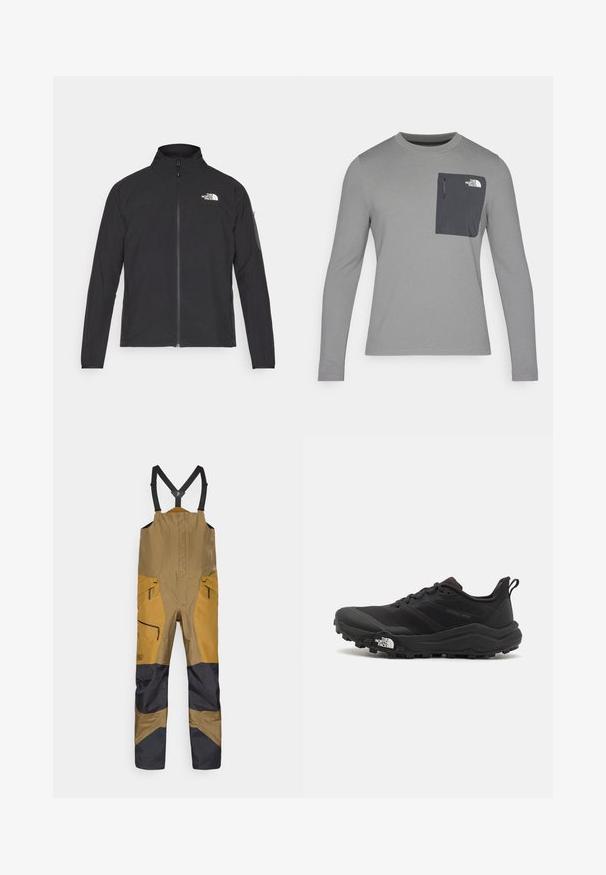 Fekete dzseki magas gallérral, elől cipzárral és texturált anyagból. Az elején bal oldalon logó található, és az ujjon egy oldalsó zseb helyezkedik el.; Hosszú ujjú szürke ing, texturált anyagból, sötétszürke mellzsebbel és cipzárral. A zsebén fehér logó található.; Barna és fekete kantáros nadrág állítható fekete vállpántokkal és cipzáras zsebekkel, kültéri vagy munkakörnyezethez tervezve.; Fekete terepfutó cipő, textúrált felső résszel, gumitalppal és megerősített lábujjrészével. Párnázott bokarésszel és húzófüllel rendelkezik a könnyű felhúzáshoz.