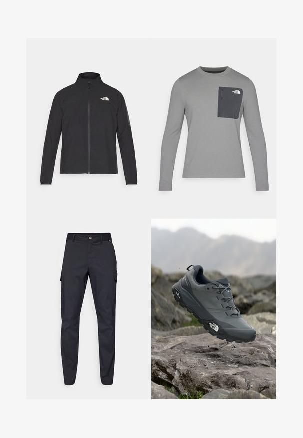 Crna jakna s visokim ovratnikom, prednjim zatvaračem i teksturiranim materijalom. Ima logo na gornjem lijevom dijelu i bočnu žepnju na rukavu.; Siva košulja dugih rukava od teksturiranog materijala, s tamnosivom džepom na prsima i zatvaranjem na patentni zatvarač. Na džepu je logo u bijeloj boji.; Mornarske cargo hlače izrađene od izdržljivog materijala, s gumbom za zatvaranje, pet džepova i suženim nogavicama s laganom teksturom.; Sive trail trkačka cipela s teksturiranim gornjim dijelom, izdržljivom gumenom potplatom i ojačanim vrhom. Ima vezice i logotip branda sa strane.