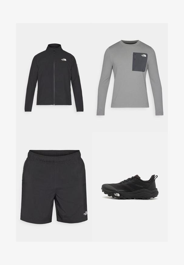 Črna jakna z visokim ovratnikom, sprednjim zadrgo in teksturirano tkanino. Ima logo na zgornji levi strani in stranski žep na rokavu.; Siva srajca z dolgimi rokavi z teksturirano tkanino, ki ima temnosivo žep na prsih in zadrgo. Logotip na žepu je bel.; Črne kratke hlače z elastičnim pasom, lahkotna tkanina, stranska žepa in majhen bel logotip na spodnjem desnem sprednjem delu.; Črne tekaške čevlje za trail s teksturirano zgornjega dela, gumijastim podplatom in ojačanim zaključkom prstov. Vključuje oblazinjen ovratnik in zanko za enostavno obuvanje.