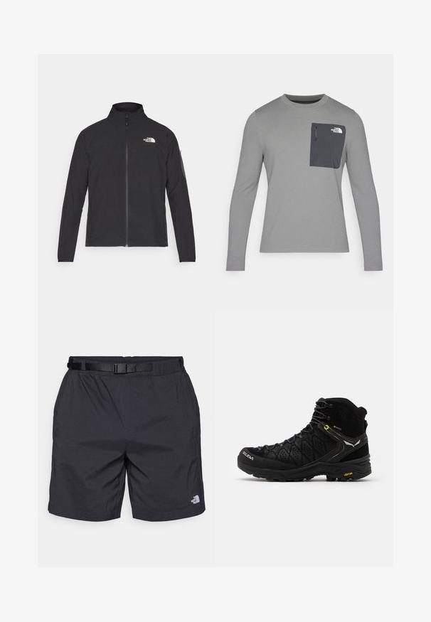 Musta takki, jossa on korkea kaulus, vetoketju edessä ja teksturoitu kangas. Sisältää logon vasemmassa yläkulmassa ja sivutaskun hihassa.; Harmaa pitkähihaisuus paita, jossa on teksturoitu kangas, tummanharmaalla rintataskulla ja vetoketjukiinnityksellä. Taskussa valkoinen logo.; Mustat kevyet shortsit rentoa istuvuutta, joissa on säädettävä vyö, sivutaskut ja North Face -logo oikean jalan alalaidassa.; Musta vaelluskenkä, jossa on teksturoitu päällyskangas, vahvistettu varvas ja Vibram-pohja. Kiristysjärjestelmässä on koukkuja, jotka takaavat turvallisen istuvuuden.