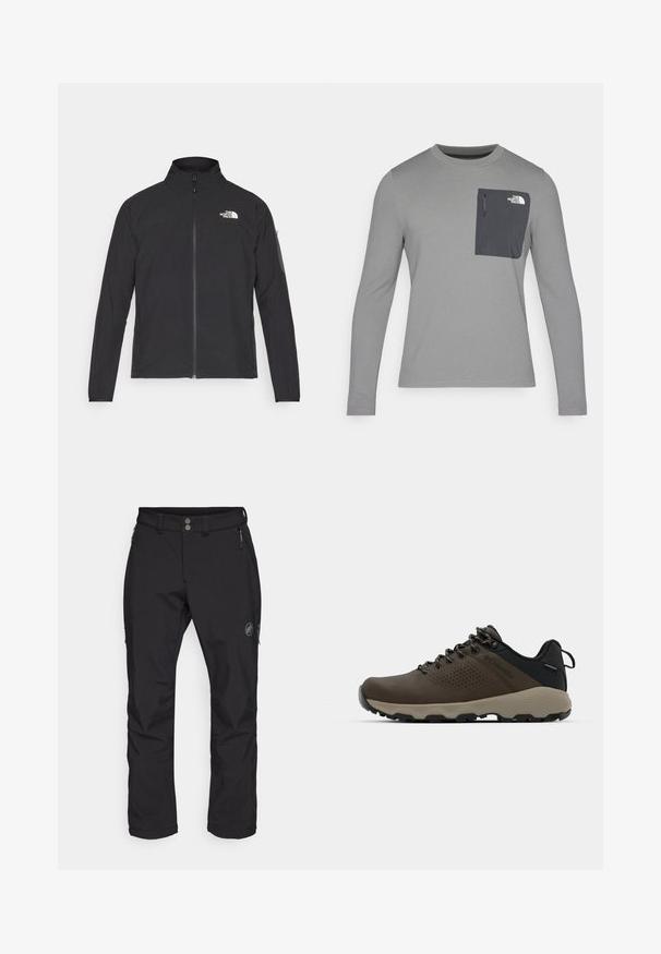 Crna jakna s visokim ovratnikom, prednjim zatvaračem i teksturiranim materijalom. Ima logo na gornjem lijevom dijelu i bočnu žepnju na rukavu.; Siva košulja dugih rukava od teksturiranog materijala, s tamnosivom džepom na prsima i zatvaranjem na patentni zatvarač. Na džepu je logo u bijeloj boji.; Crne vanjske hlače ravnog kroja, izrađene od izdržljivog materijala. Sadrže dva prednja džepa s patentnim zatvaračima i logo na butini.; Smeđe vodootporne tenisice s teksturiranom gornjom i perforiranim detaljima, crnom potporom za petu i sivim gumiranim potplatom. Čipke su stilizirane s metalnim krajevima.