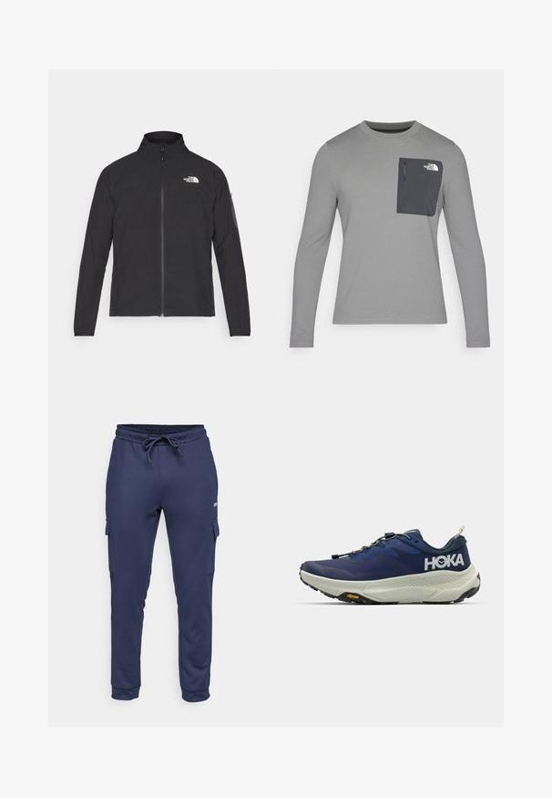 Fekete dzseki magas gallérral, elől cipzárral és texturált anyagból. Az elején bal oldalon logó található, és az ujjon egy oldalsó zseb helyezkedik el.; Hosszú ujjú szürke ing, texturált anyagból, sötétszürke mellzsebbel és cipzárral. A zsebén fehér logó található.; Jack & Jones Performance JPSTGORDON JJBASIC ICE CARGO PANTS - Nadrágok - navy blazer; Kék HOKA futócipő, légies hálós felsőrésszel, vastag krém színű középtalppal, szürke külső talppal, Vibram logóval és rugalmas gyorsfűzőkkel.